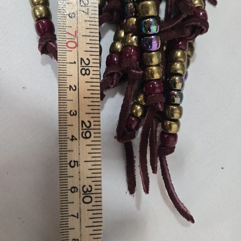 Vintage Burgundy Suede Concho Tie Belt Beaded Fringe Boho Western 60